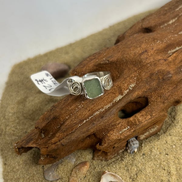Gorgeous sea glass and sterling silver ring with spirals