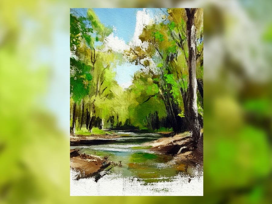 Tranquil Forest, Lush Greenery and Serene River Oil Painting 5"x7" Matte Print