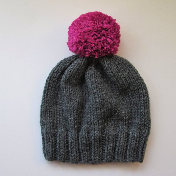 Bobble Hat in Grey Chunky Yarn with Pink Pom Pom