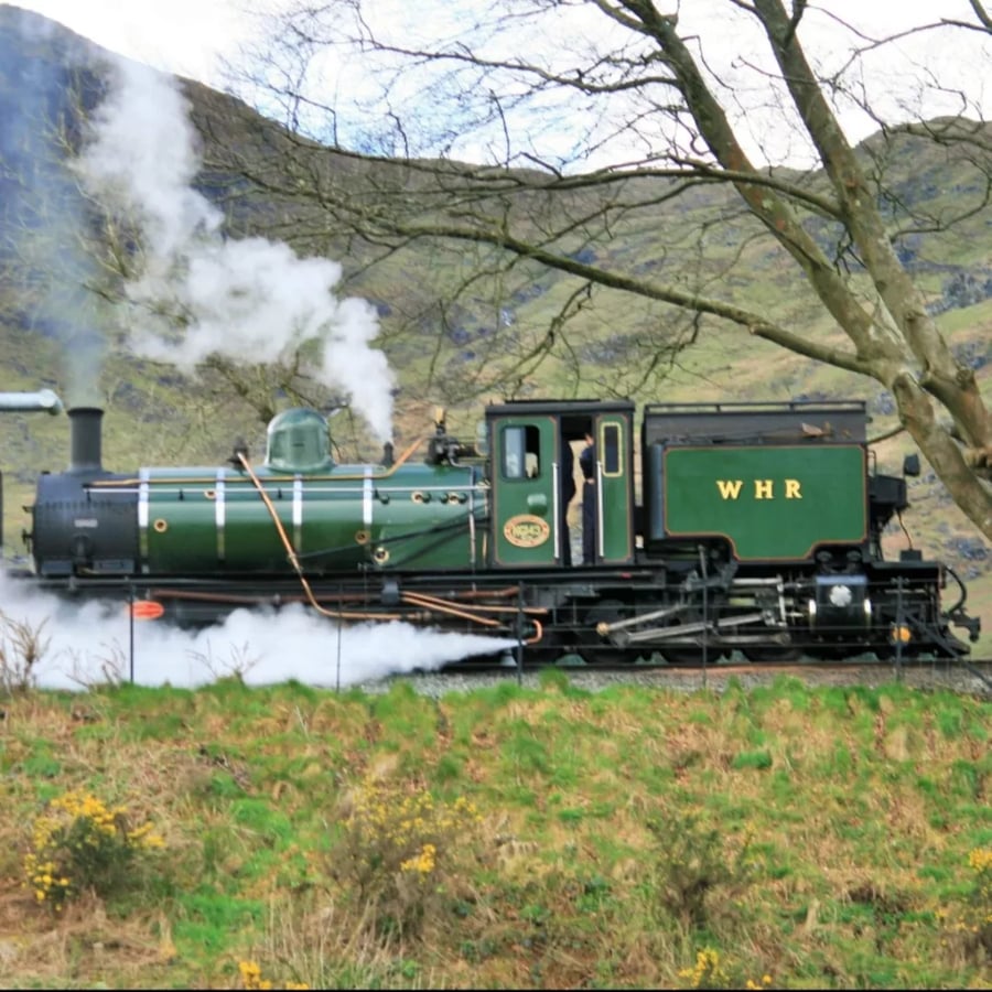 Photo card and coaster of a Steam Train, in green on the Welsh Highland Railway 
