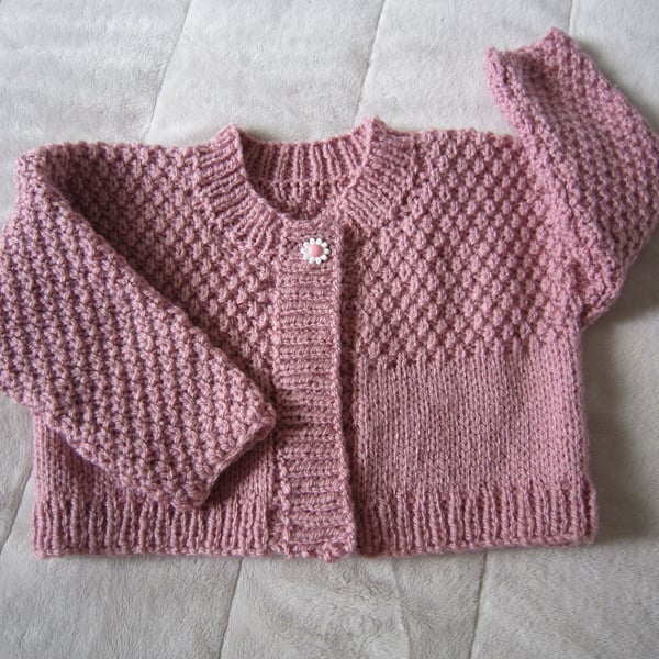 Hand Knitted Pink Baby Cardigan with daisy button, Fits age 0-3 months, Newborn 