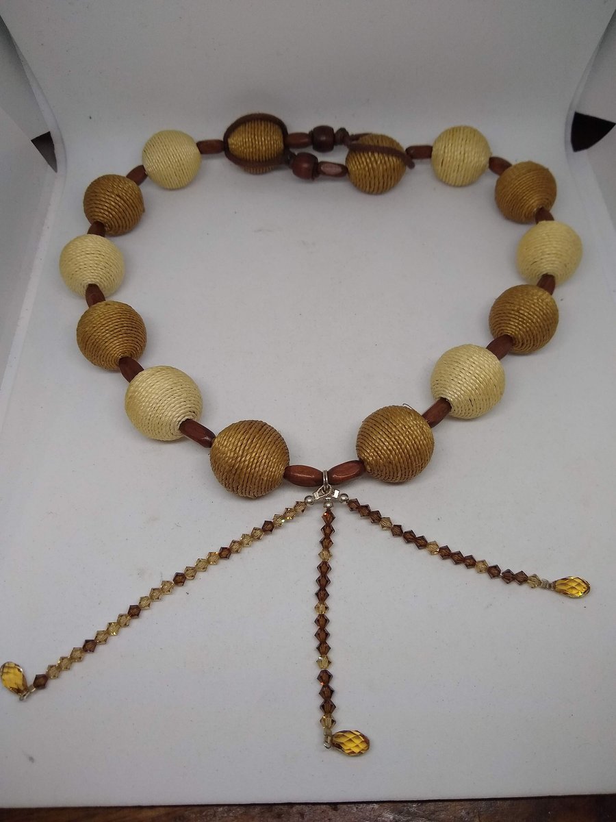 Wooden Bead Necklace Abaca String Coiled Round with Swarovski crystals Handmade