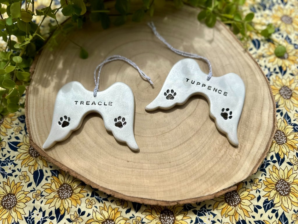 Personalised Pet Memorial Angel Wings Ornament - Handmade Clay Hanging Decor
