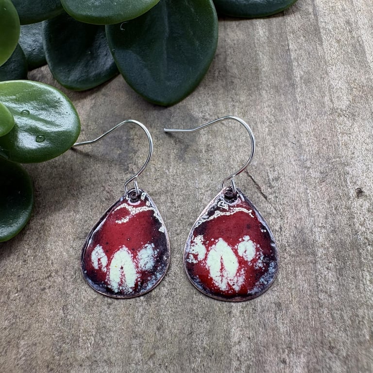 flame effect red enamel earrings on silver-plated hooks, Welsh made enamel jewel