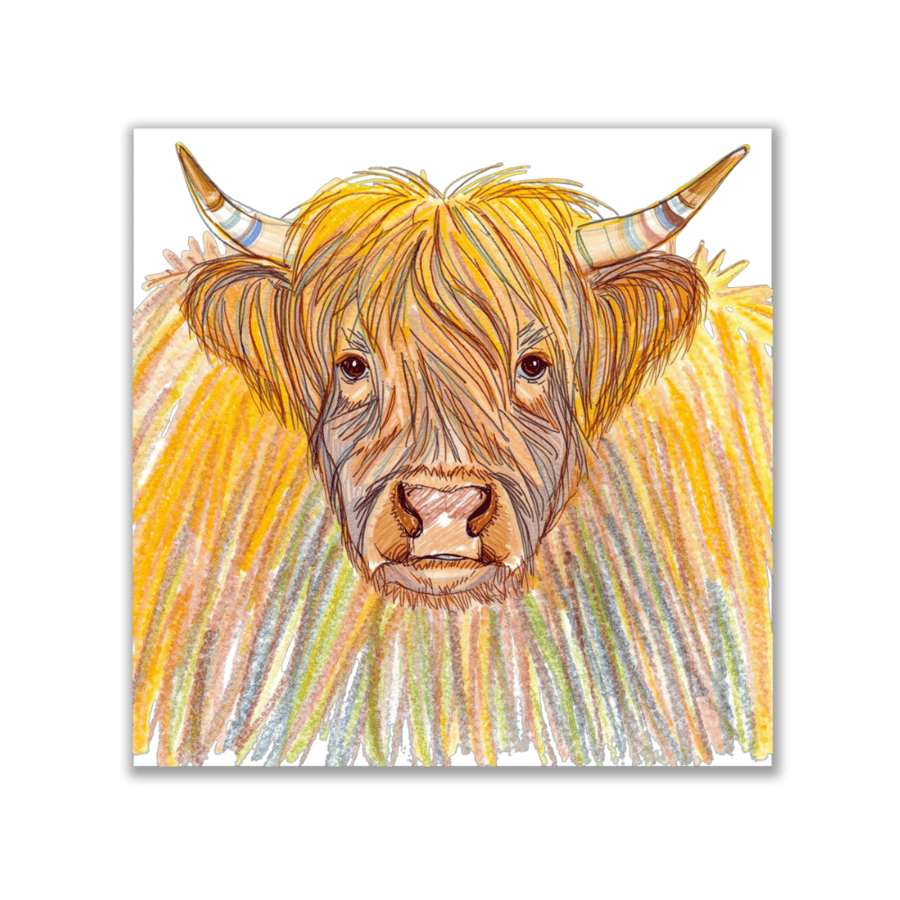 Highland Cow Wall Art Print Cute Kid Style Drawing Square 12x12
