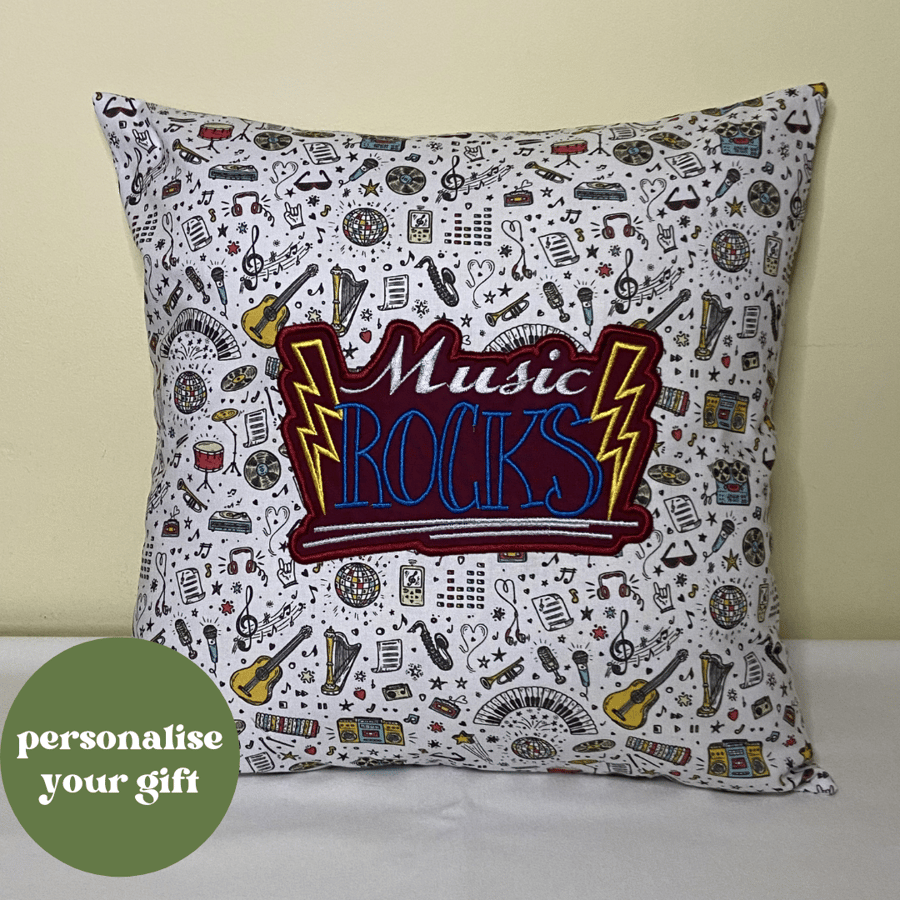 Handmade MUSIC ROCKS Embroidered Cushion Cover