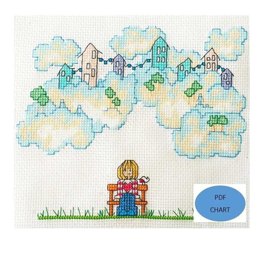Clouds and sky theme Cross Stitch design titled 'Hello' digital PDF chart