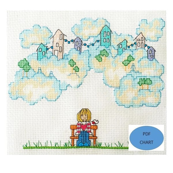Clouds and sky theme Cross Stitch design titled 'Hello' digital PDF chart