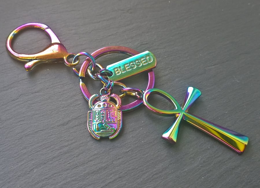 Ankh Scarab Blessed Rainbow Plated Keyring (3)