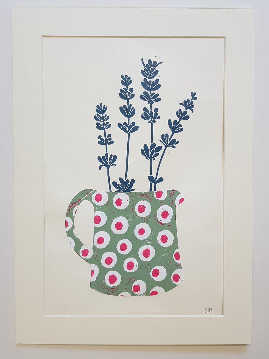 Spotty Jug with lavender mounted print