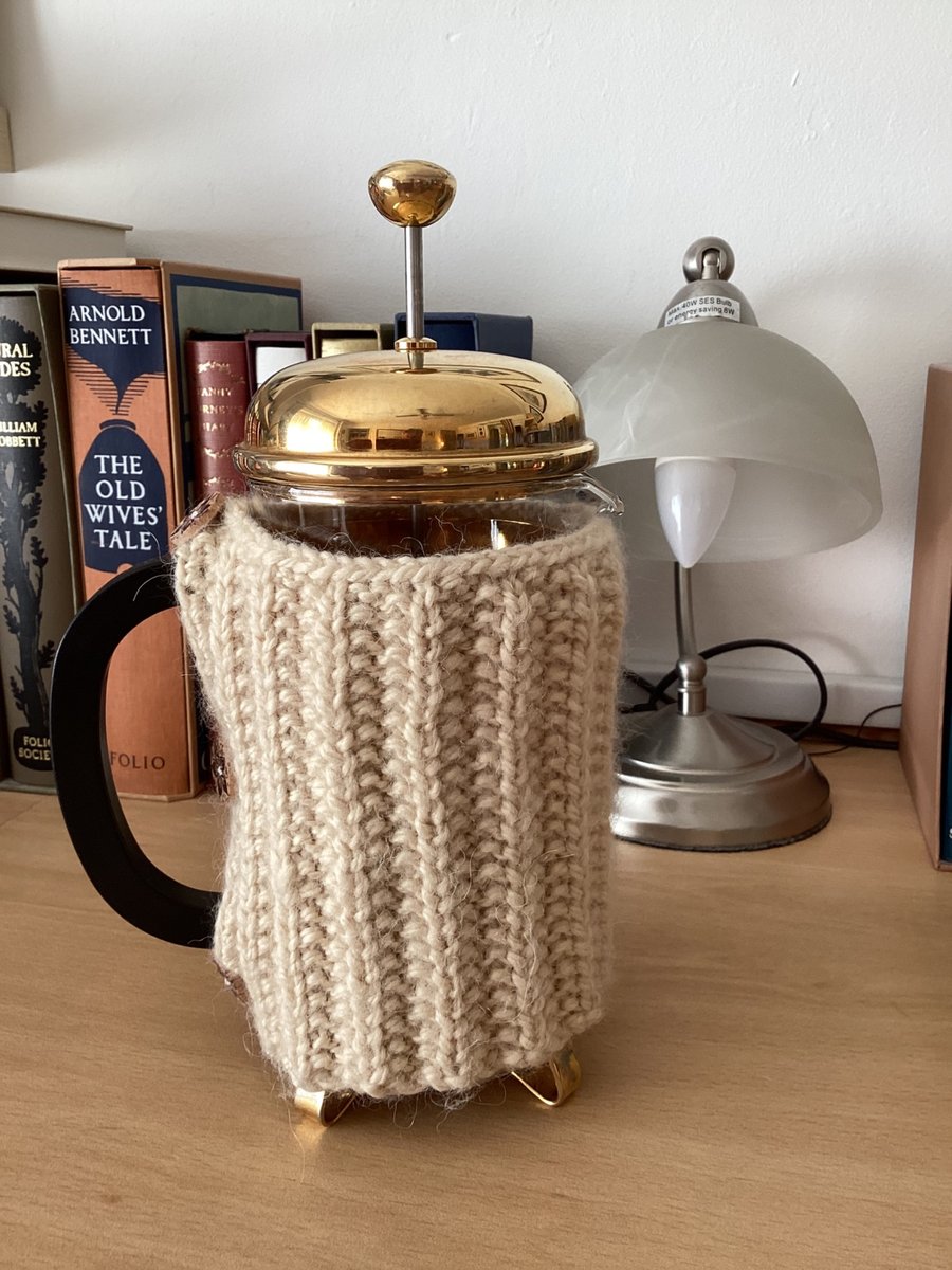 HAND KNITTED CAFETIERE COSY FOR A 1 LITRE POT IN CREAM YARN