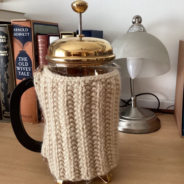HAND KNITTED CAFETIERE COSY FOR A 1 LITRE POT IN CREAM YARN