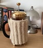 HAND KNITTED CAFETIERE COSY FOR A 1 LITRE POT IN CREAM YARN