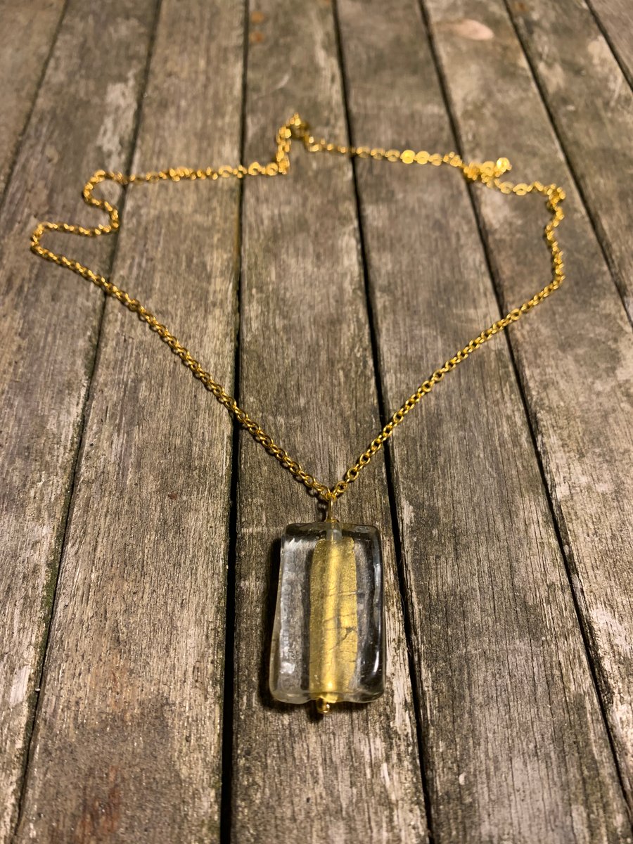 Rectangle clear glass with gold lining necklace