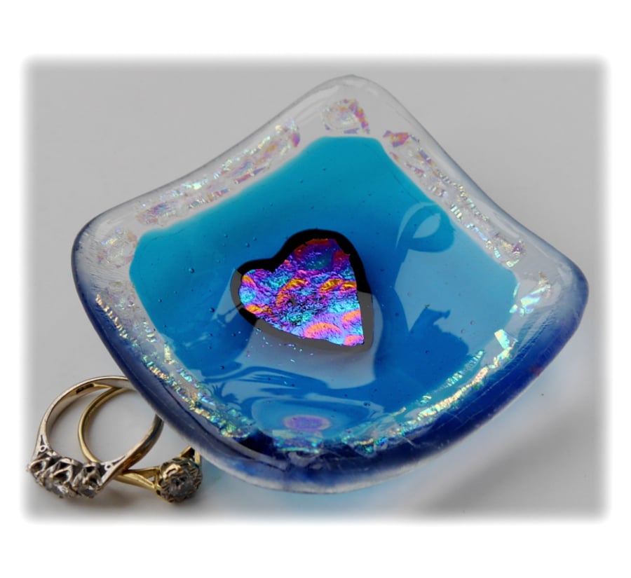 Earring Ring Dish Fused Glass 6.5cm Turquoise Dichroic Heart 013