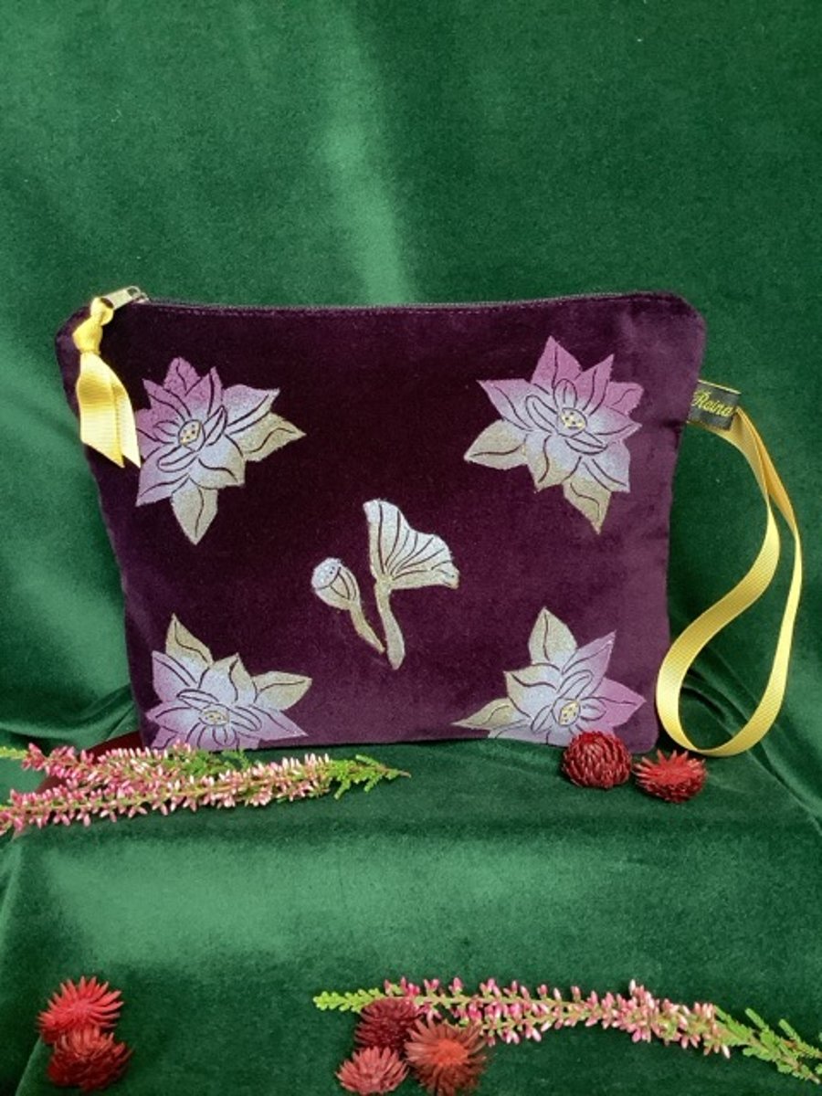 Lotus Flower Makeup Bag, Hand Printed Purple Cosmetic Pouch, Luxury Wash Bag