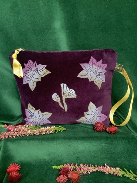 Lotus Flower Makeup Bag, Hand Printed Purple Cosmetic Pouch, Luxury Wash Bag