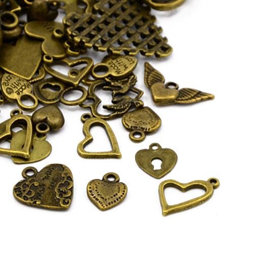 Tibetan Silver Heart Charms - Antique Bronze, 5-40mm - Mixed Pack of 30g - Durab