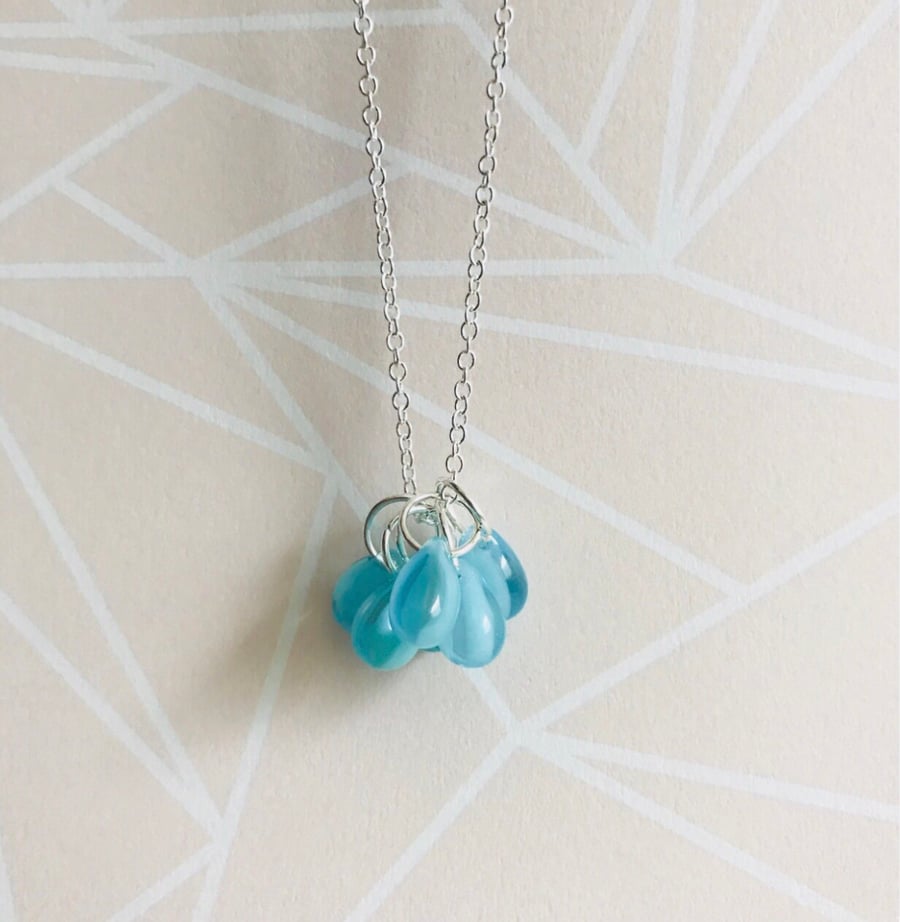 Aqua Czech Glass Beaded Cluster Necklace