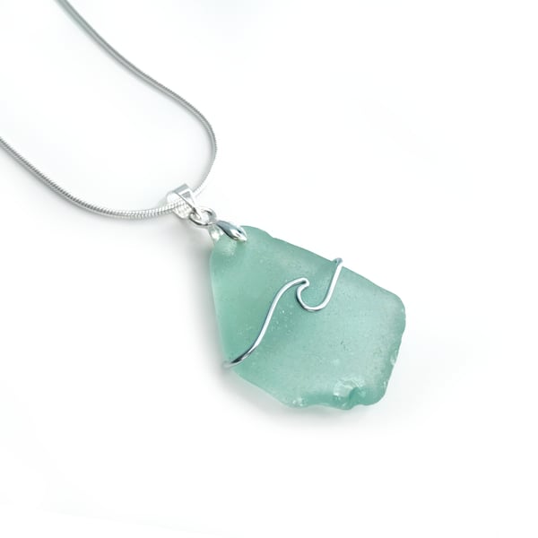 Sea Glass Pendant - Green Beach Glass, Silver Handmade Wave Necklace Jewellery
