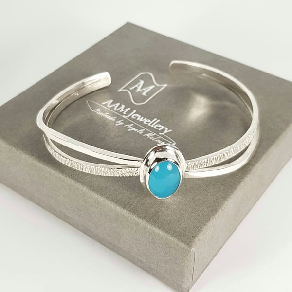 Silver Bangle Bracelet with Blue Chalcedony