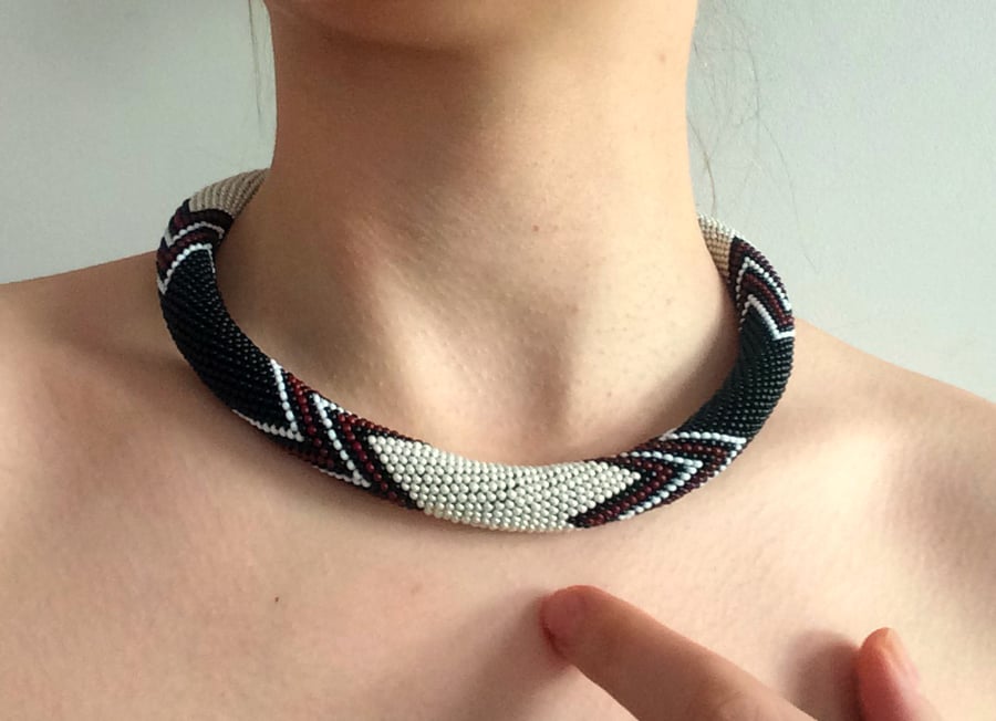 Ready To Ship Seed Bead Crochet Rope Necklace in Black White Geometric Pattern