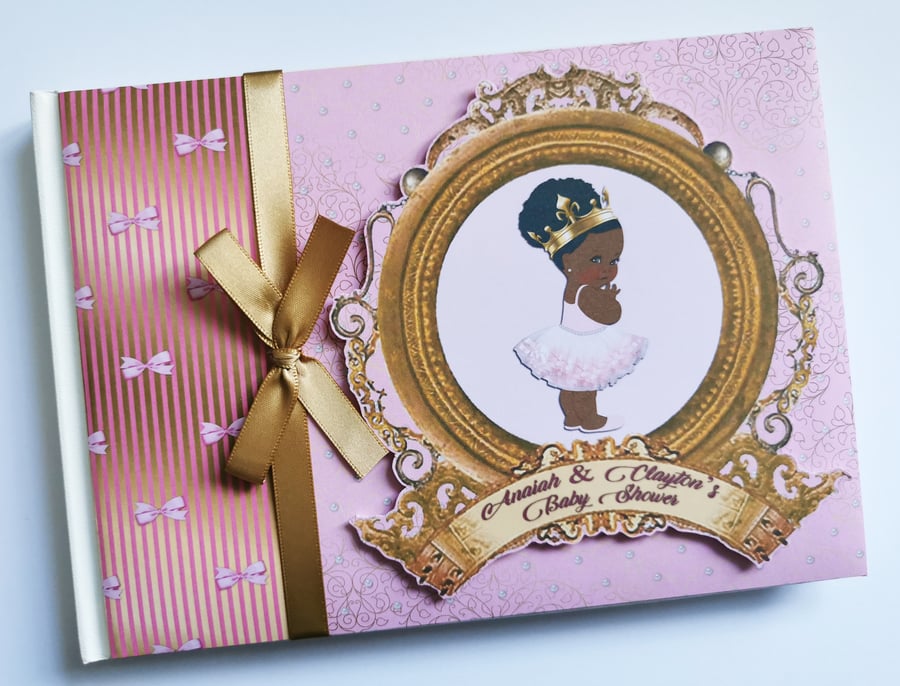 Black Princess birthday guest book, pink and gold princess guest book, gift