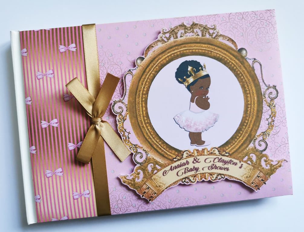 Black Princess birthday guest book, pink and gold princess guest book, gift