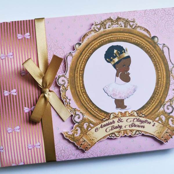 Black Princess birthday guest book, pink and gold princess guest book, gift