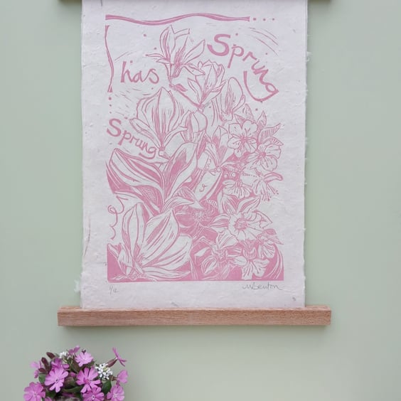 'Spring has Sprung', Lino Print in Soft Pink on Natural Lokta Paper