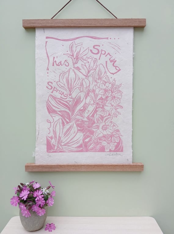 'Spring has Sprung', Lino Print in Soft Pink on Natural Lokta Paper