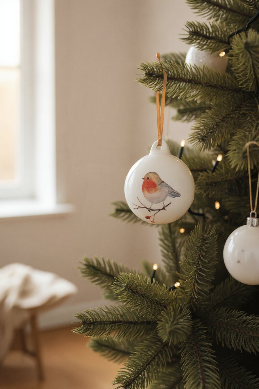 Festive Robin and Berries Ceramic Bauble Christmas Decoration Ornament