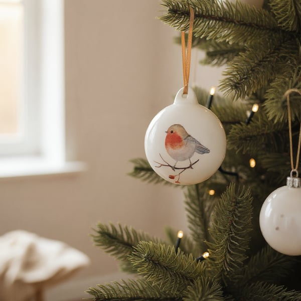 Festive Robin and Berries Ceramic Bauble Christmas Decoration Ornament