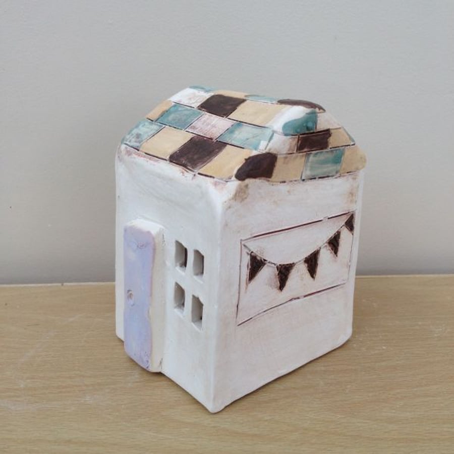 Small Ceramic House with Bunting & Coloured Roof