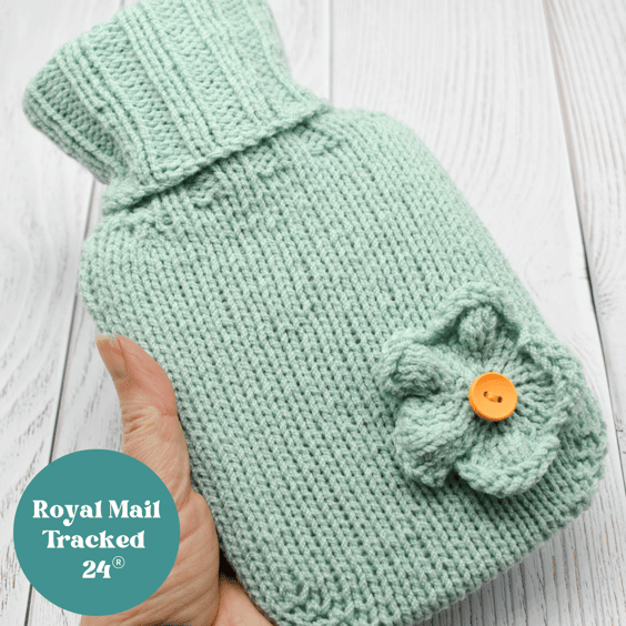 Hand knitted Hot Water Bottle Cover - Duck Egg blue