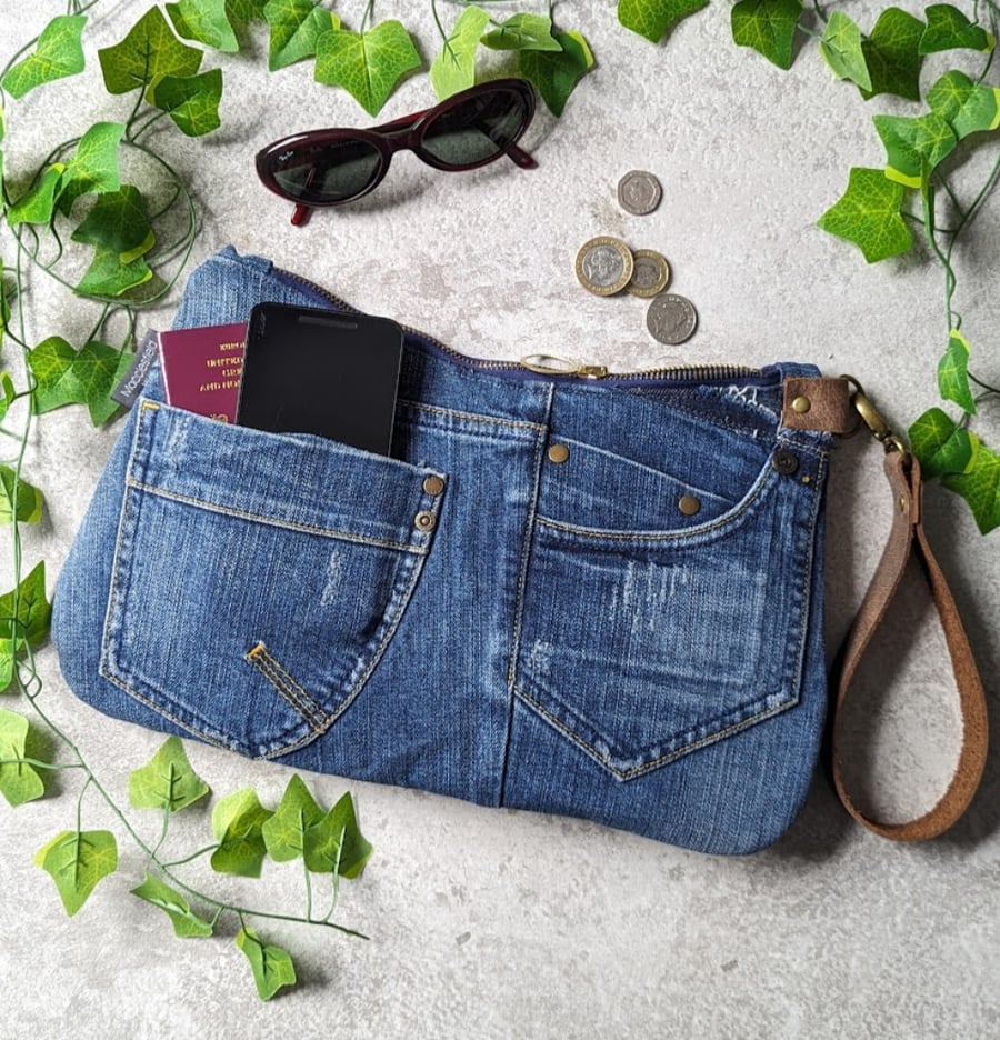Denim Bag - Recycled Denim Clutch Grab HandBag with Leather Strap (p&p incl)
