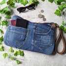 Denim Bag - Recycled Denim Clutch Grab HandBag with Leather Strap (p&p incl)