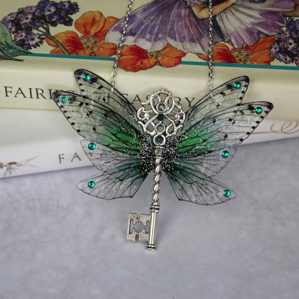 Enchanting Deep Emerald Green Sparkle Cicada Fairy Wing Key Necklace Boho