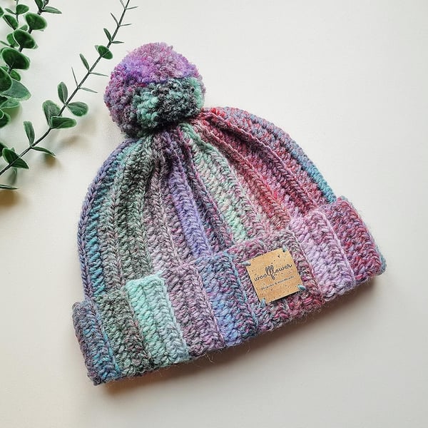 Colourful Chunky Crochet Wool Hat With Pom Pom