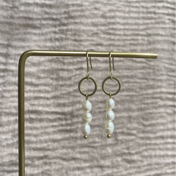 Handmade freshwater pearl and brass earrings, statement jewellery, gift for her