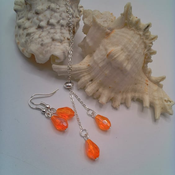 Orange Drop Crystals on a Silver Plated Chain & Earrings, Gift for Her