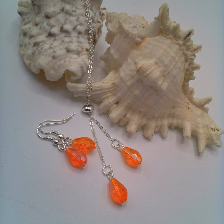Orange Drop Crystals on a Silver Plated Chain & Earrings, Gift for Her