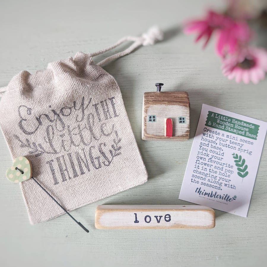 Little Wooden Handmade House and Base in a Bag - love