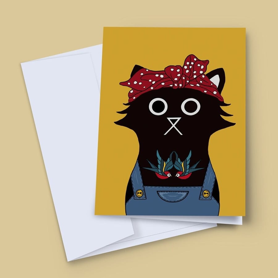 Rockabilly Card, Cat Birthday Card, Cat Cute Cat Card, Tattoo Card