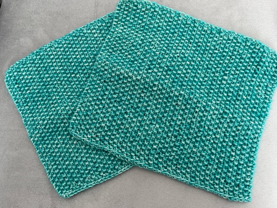 Set of 2 Knitted Cotton Blend Washcloths Marl Green