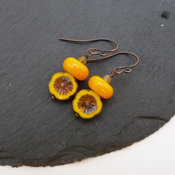 copper earrings, yellow flower lampwork glass jewellery