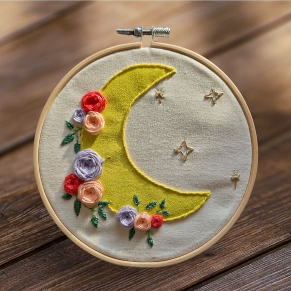 Moon and Flower embroidery hoop art.