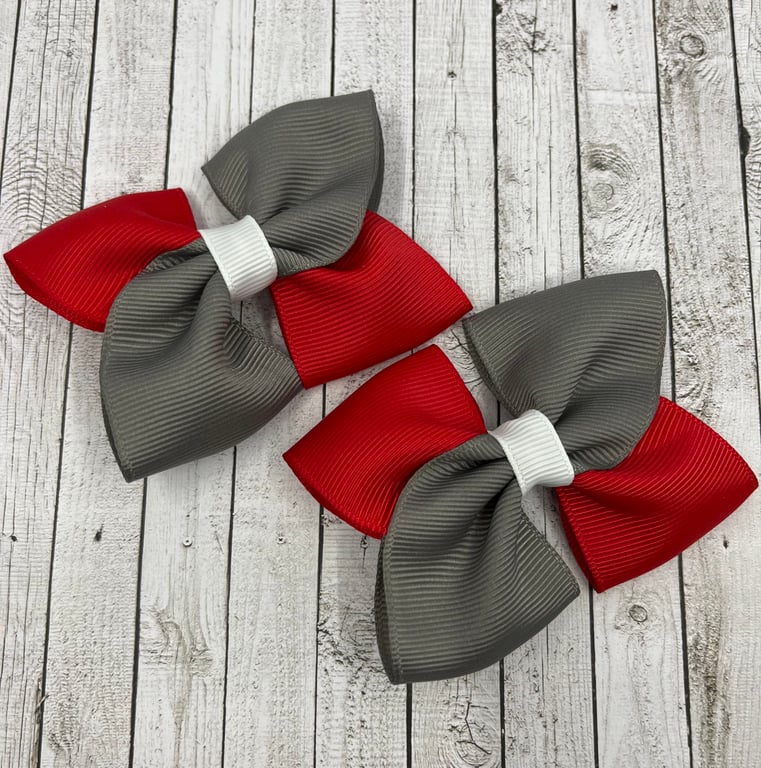 School Red, Grey and White Square Double with Bows on Clips (pair)