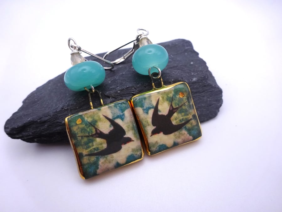lampwork glass green earrings, ceramic swallow jewellery