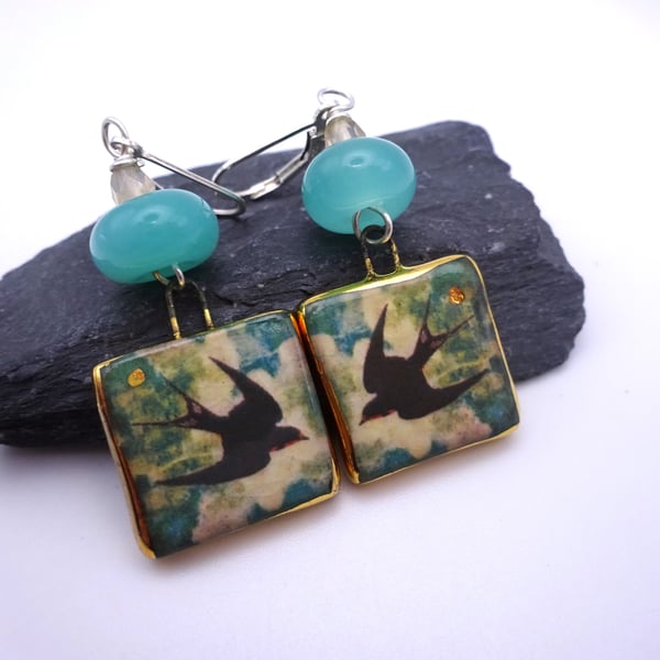 lampwork glass green earrings, ceramic swallow jewellery